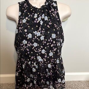 Floral Ruffle Neck Black Sleeveless Peplum Top
